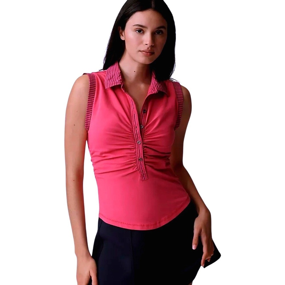 Pilcro Anthropologie Varsity Polo Tank Pink‎ Ruched Sleeveless Top XS OB1996263